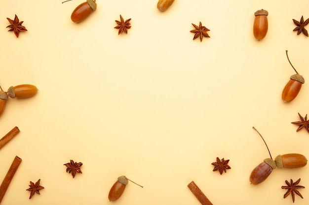 Autumn composition. Acorn, pine cone, anise star. Flat lay, top view, copy space