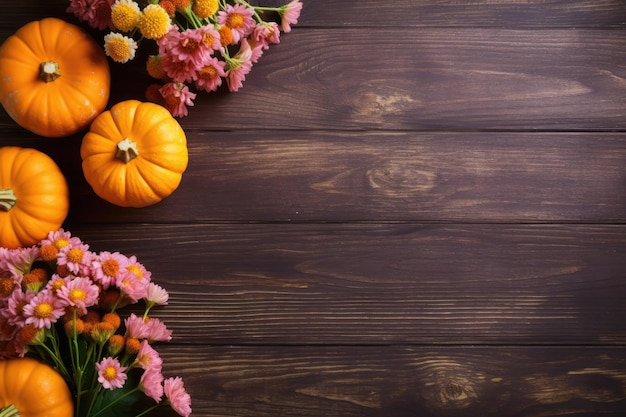 Autumn composition background with pumpkins and flowers on wooden table Top view Copy space