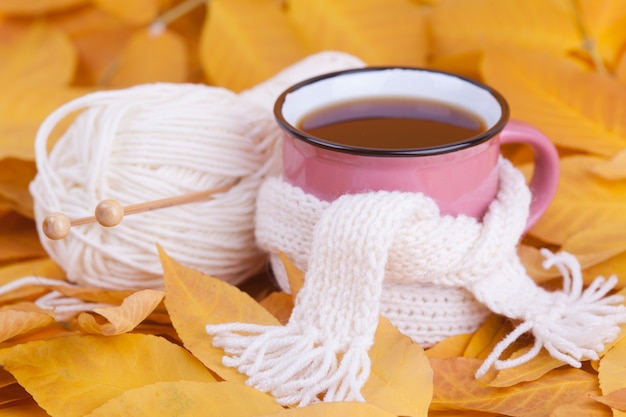 Autumn composition cup of tea wrapped in a scarf Seasonal morning tea  still life concept