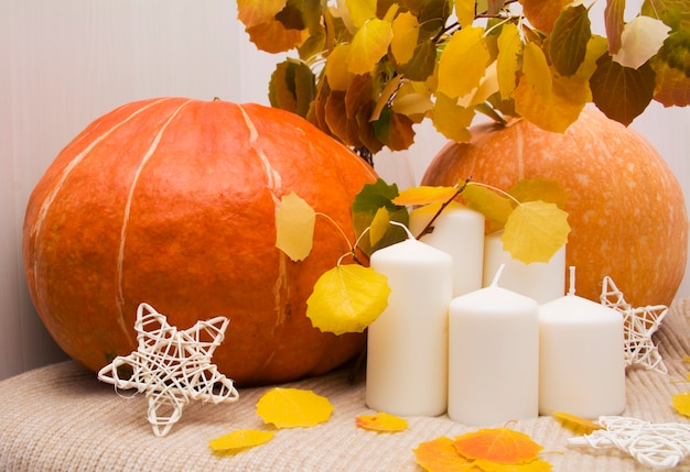 Photo autumn composition, decor with pumpkins.