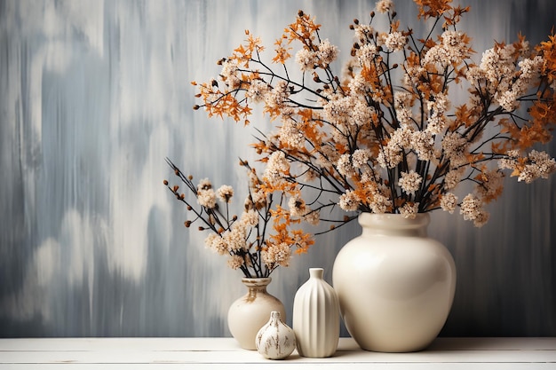 Autumn composition of flowers and red berries in vase on wooden background copy space Generative AI