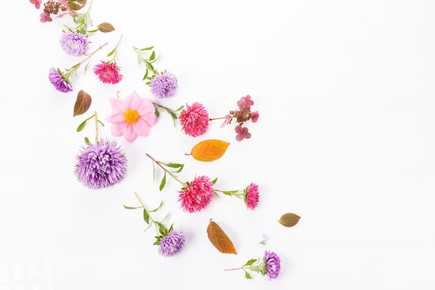 Autumn composition. Frame made of autumn dried flowers and leaves on white background. Flat lay, top view, copy space