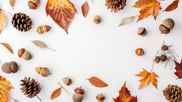 Autumn composition Frame made of autumn leaves acorn pine cones on white background Generative AI