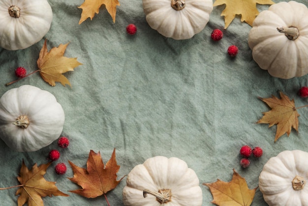 Autumn composition Frame with pumpkins dried leaves on green textile background