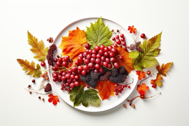 Autumn composition of leaves and berries on a white background