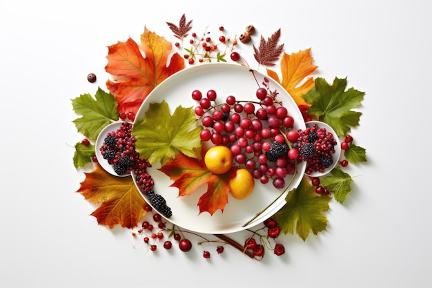 Autumn composition of leaves and berries on a white background