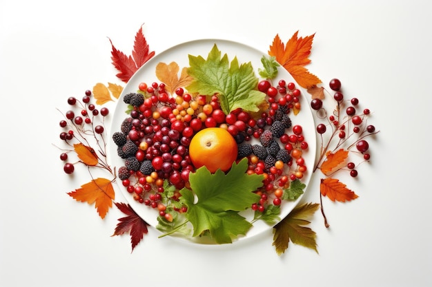 Autumn composition of leaves and berries on a white background