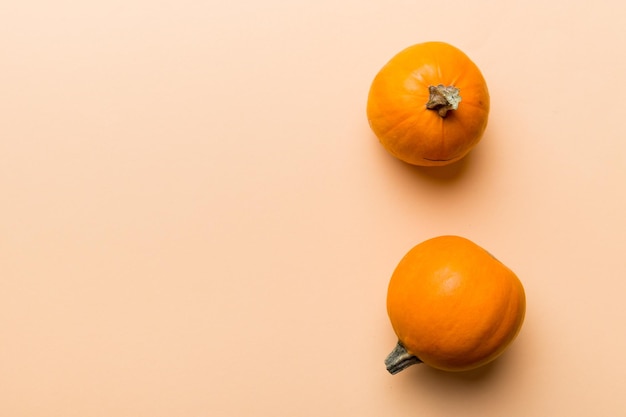 Autumn composition of little orange pumpkins on colored table background Fall Halloween and Thanksgiving concept Autumn flat lay photography Top view vith copy space