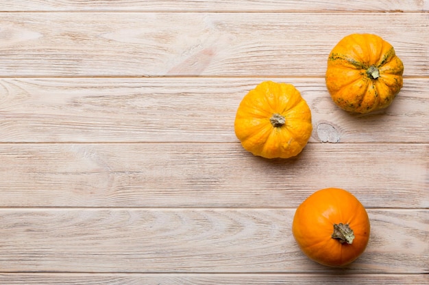 Autumn composition of little orange pumpkins on colored table background Fall Halloween and Thanksgiving concept Autumn flat lay photography Top view vith copy space