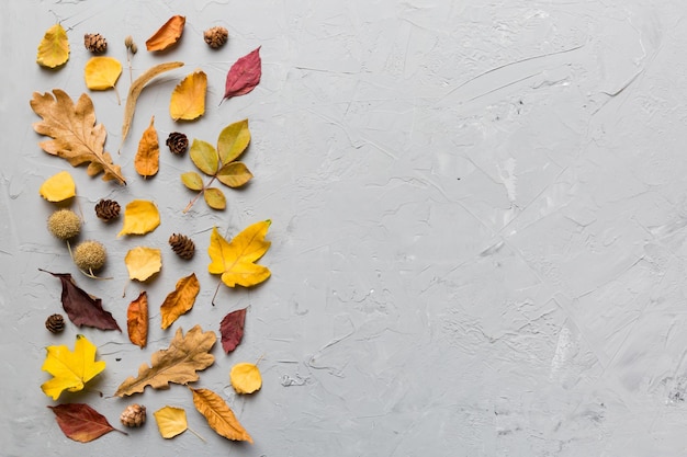 Autumn composition Pattern made of dried leaves and other design accessories on table Flat lay top view