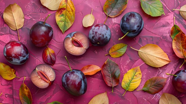 Photo autumn composition plum colorful leaves autumn fall concept flat lay top view copy space