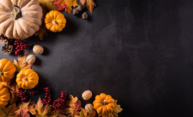 Autumn composition Pumpkin cotton flowers and autumn leaves on dark stone