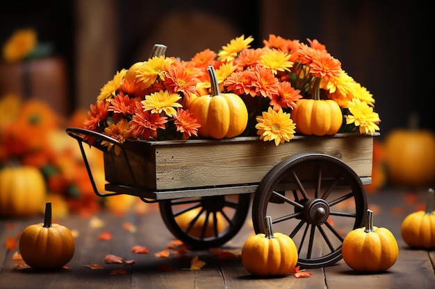 Autumn composition of pumpkins with orange and yellow flowers in a garden wheelbarrow Generative AI