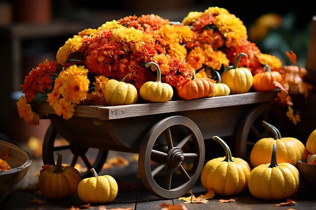 Autumn composition of pumpkins with orange and yellow flowers in a garden wheelbarrow Generative AI