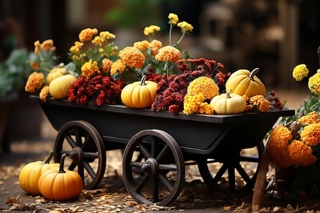 Autumn composition of pumpkins with red and yellow flowers in a garden wheelbarrow Generative AI