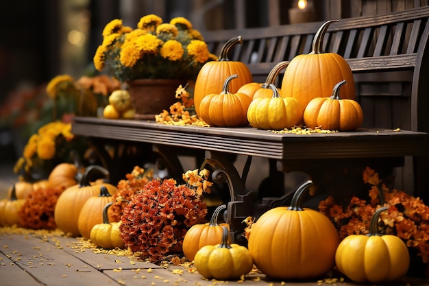 Autumn composition of pumpkins with red and yellow flowers on wooden bench Generative AI