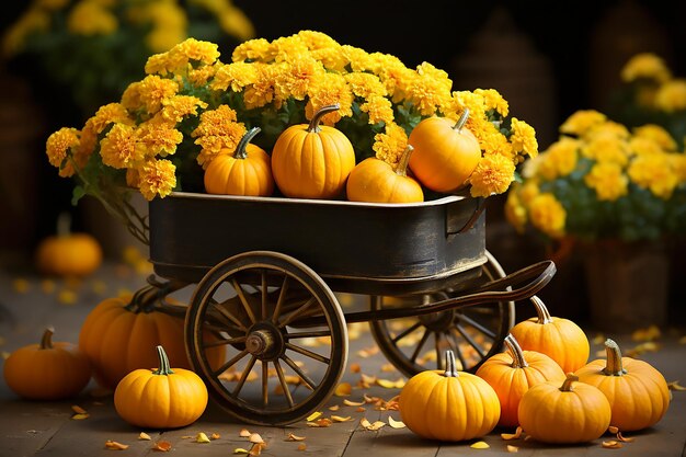 Autumn composition of pumpkins with yellow flowers in a garden wheelbarrow Generative AI