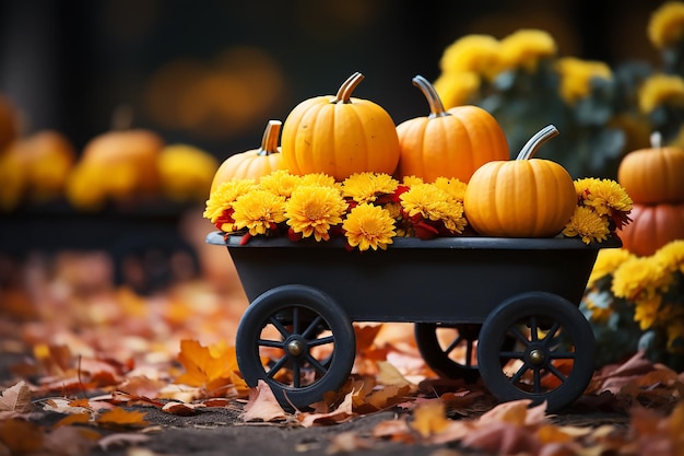 Autumn composition of pumpkins with yellow flowers in a garden wheelbarrow Generative AI