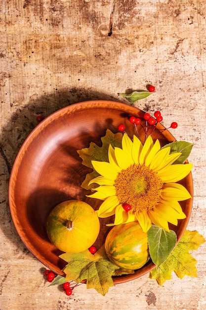 Autumn composition. Table setting, sunflower, red berries, and pumpkins. Festive good mood background, top view