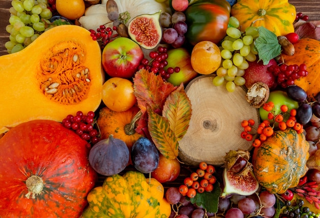 Autumn composition Thanksgiving concept a lot of food fruits pumpkins Flat lay copy space