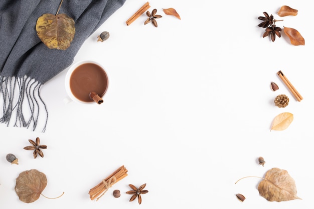 Autumn composition on white background. Flat lay, top view copy space.