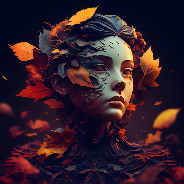 Autumn composition with beautiful woman face and leaves 3d rendering