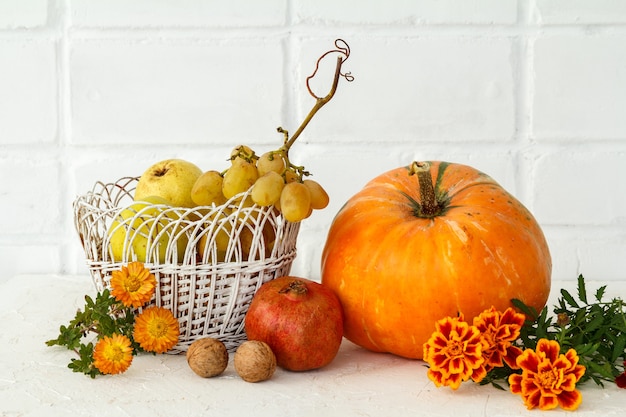 Autumn composition with a big pumpkin, fruits and flowers. Pumpkin and wicker basket with an apple, a pear and grape on a white background. Autumn shopping. Thanksgiving Day.