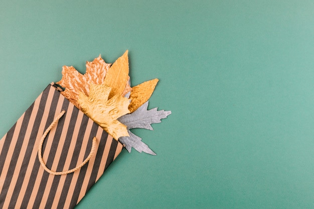 Autumn composition with golden leaves in gift bag on green paper background