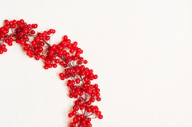 Autumn composition with red berry. Wreath made of viburnum berries