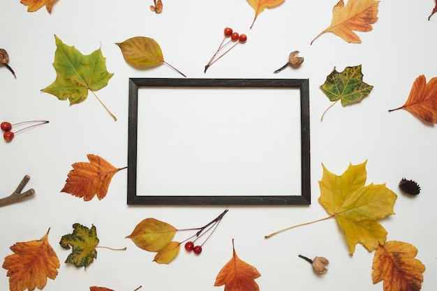 Autumn composition. Wooden photo frame with fresh autumn leaves on white background