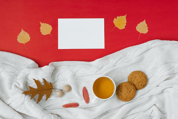 Autumn the concept of Thanksgiving A cup of tea fallen autumn leaves a knitted blanket