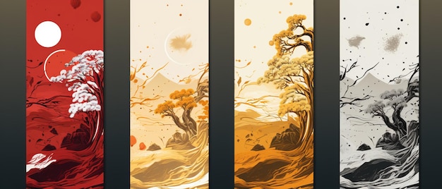 Autumn concept yellow chinese style bookmark set featuring abstract album covers leaf blank