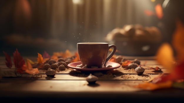 Autumn cozy coffee background Illustration AI GenerativexA