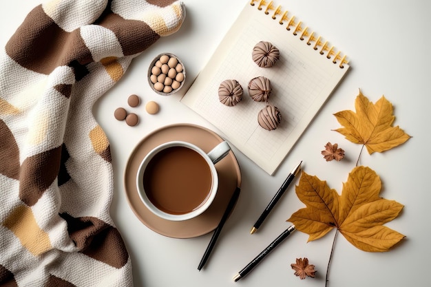 Autumn cozy composition A cup of coffee plaid on a white Illustration AI Generative