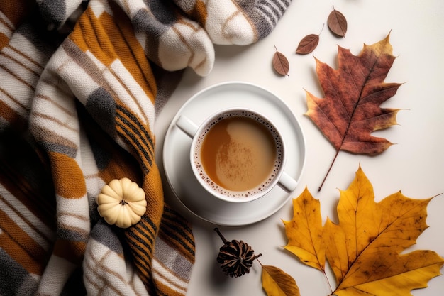 Autumn cozy composition A cup of coffee plaid on a white Illustration AI Generative