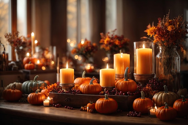 Autumn cozy home interior with candles and pumpkins ai generative