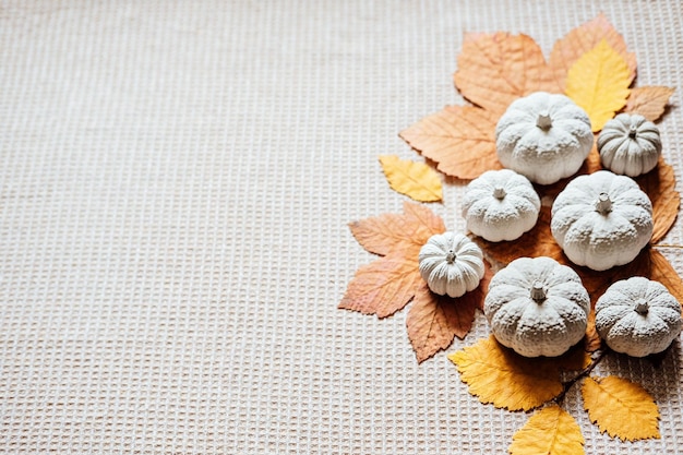 Autumn creative craft background web banner with decorative clay pumpkins and wooden autumn leaves