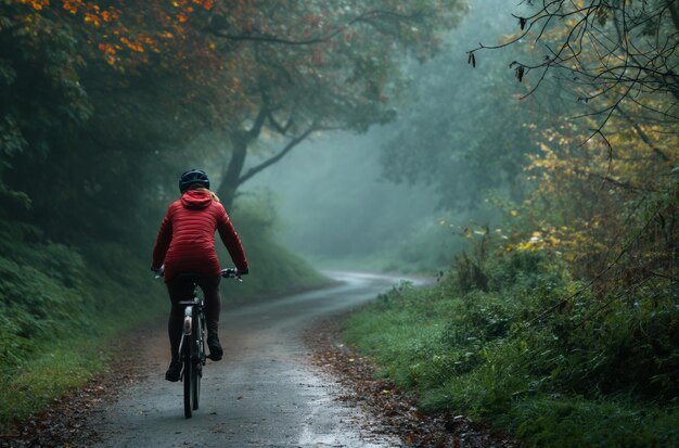 Autumn cycling on misty road