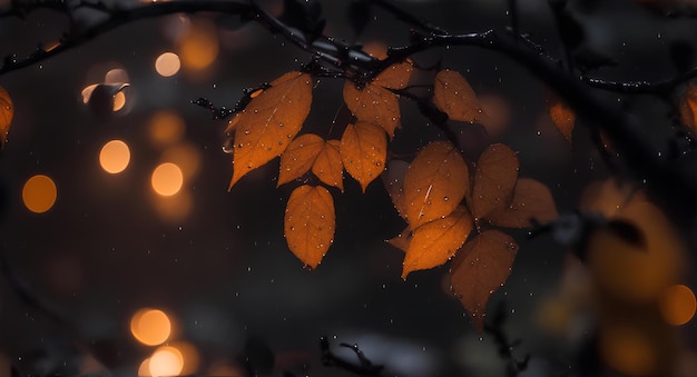 Autumn dark background with leaves Rain bokeh AI