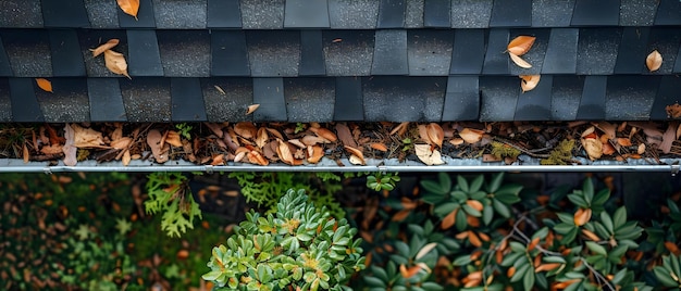 Autumn Debris in Gutter Above Fresh Foliage Concept Seasonal Changes Nature Photography Outdoor Cleanup Autumn Aesthetics Contrast in Landscapes