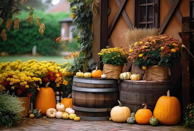 Autumn decor with natural straw bale pumpkins flowers and old wooden barrels