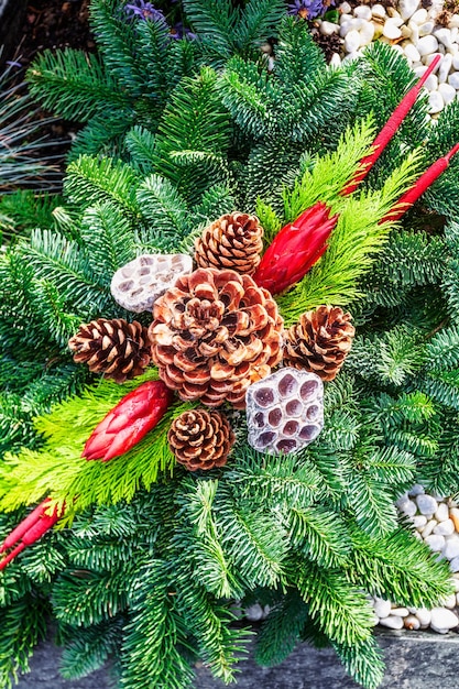 Autumn decoration at cemetery. Grave with fir branch, cones and red flowers bouquet