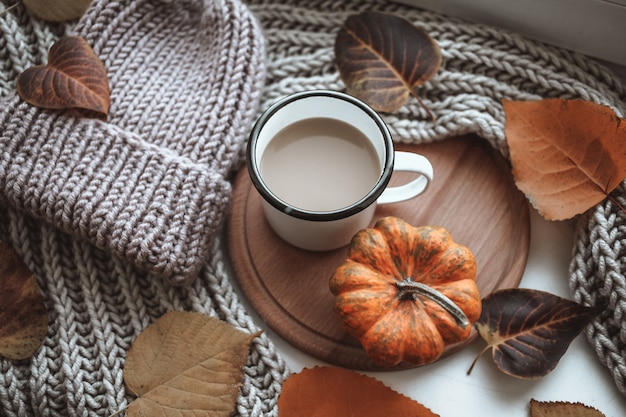 Autumn decorations with knitted hat and leaves