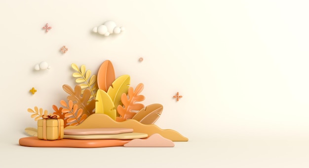 Autumn display podium decoration background with orange leaves, gift box