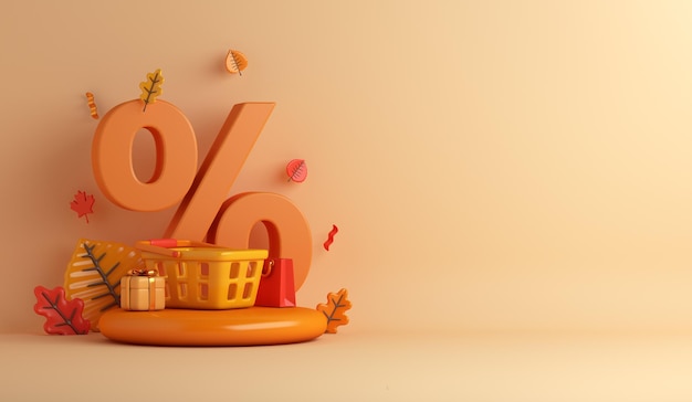 Autumn display podium decoration background with percent symbol, basket cart, shopping bag, gift box