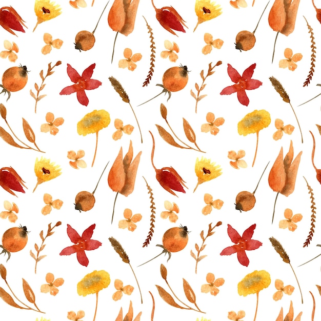 Photo autumn dried flowers and leaves seamless pattern botanical background dry floral backdrop