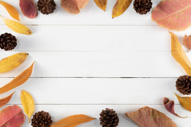 Autumn dried leaves on white wooden background. Autumn, fall , Top view, copy space.