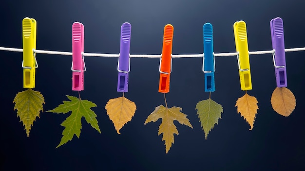 Autumn dry leaves hang on colored clothespins