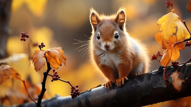 Autumn Encounter Squirrel on a Branch Amidst Yellow Leaves against Background