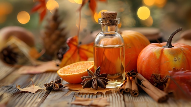 Photo autumn essential oil with pumpkins and cinnamon sticks